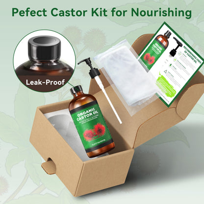 Taoscare Organic Castor Oil 16.9 oz – Cold Pressed, Unrefined in Glass Bottle | 4-Pack Castor Oil Pack Wrap Kit