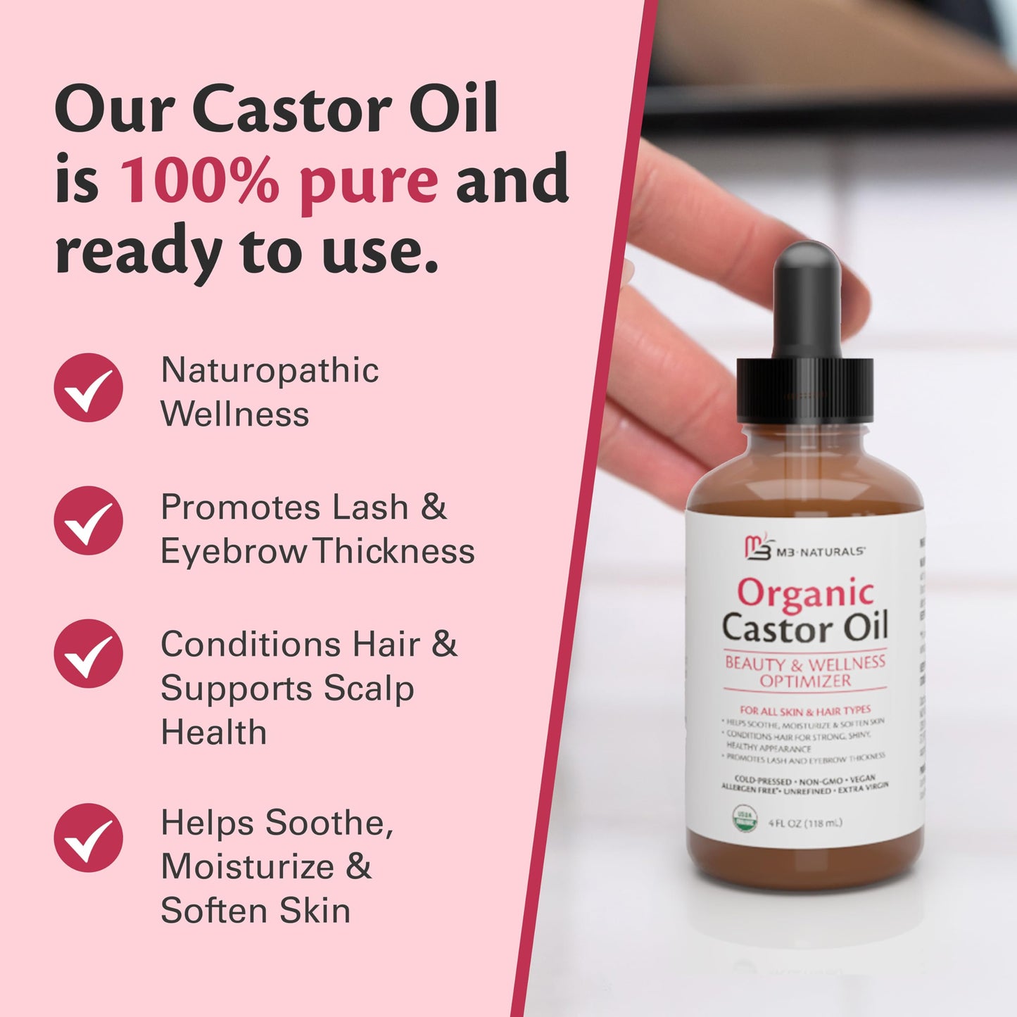 100% Pure Organic Castor Oil for Hair, Lash and Eyebrow Growth, Lymphatic Drainage and Skin Hydration | Hexane-Free, Cold Pressed, Unrefined in a 4 fl oz Glass Bottle with Dropper