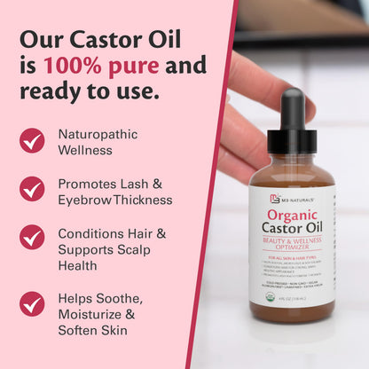 100% Pure Organic Castor Oil for Hair, Lash and Eyebrow Growth, Lymphatic Drainage and Skin Hydration | Hexane-Free, Cold Pressed, Unrefined in a 4 fl oz Glass Bottle with Dropper