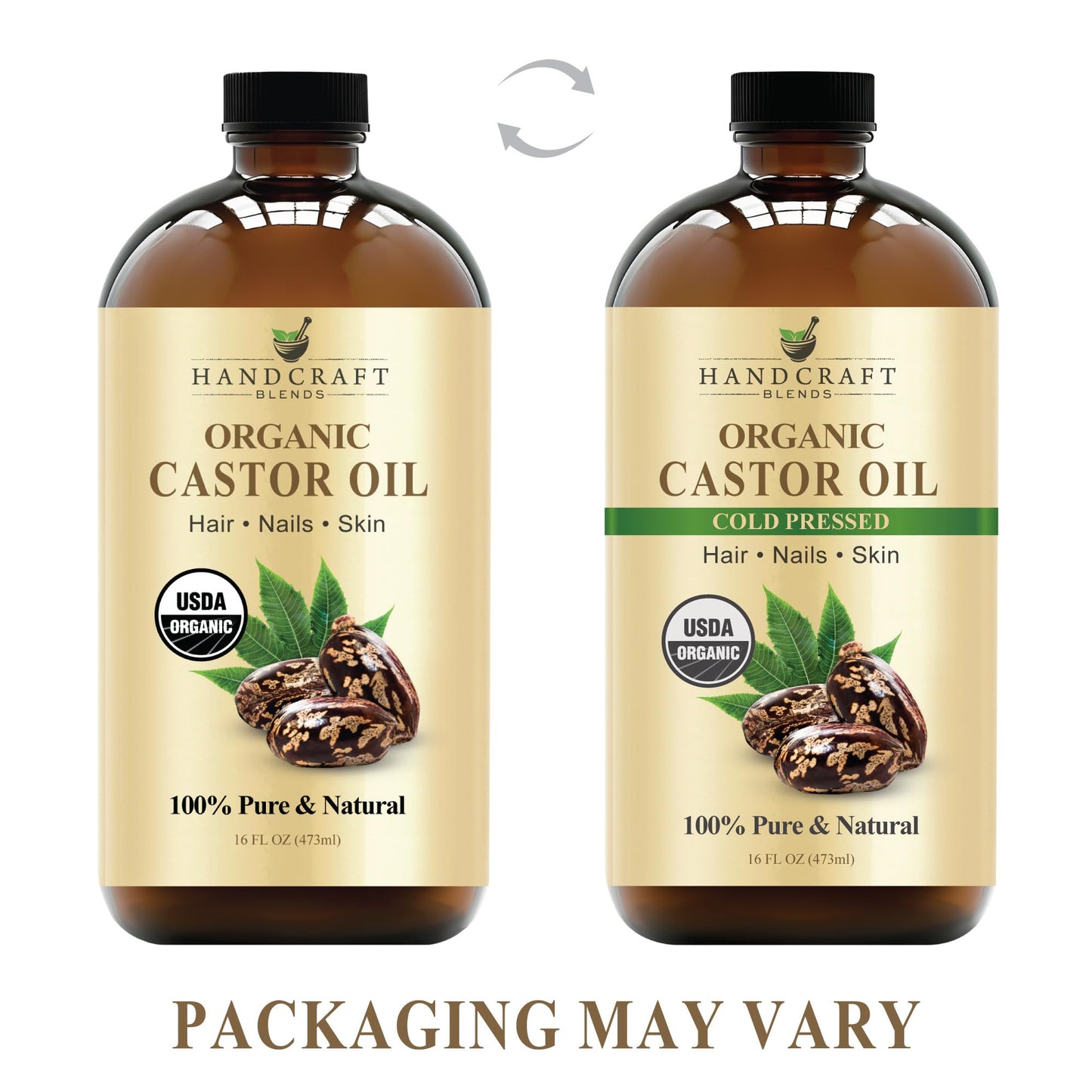 Handcraft Blends Cold-Pressed Organic Castor Oil 16 Fl Oz | Glass Bottle | 100% Pure & Natural | Premium Grade Carrier Oil | Hair, Eyelashes and Eyebrows | Hair and Body