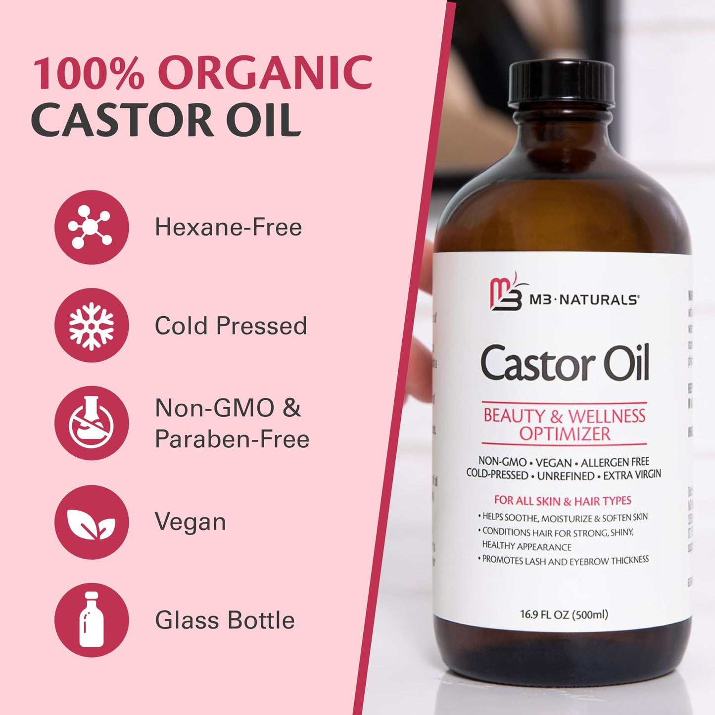 100% Pure Organic Castor Oil – Hair & Skin Care, Hexane-Free, Cold Pressed, 500ml Glass Bottle