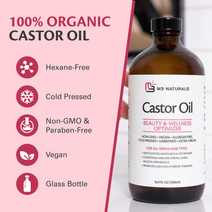 100% Pure Organic Castor Oil – Hair & Skin Care, Hexane-Free, Cold Pressed, 500ml Glass Bottle