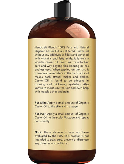 Handcraft Blends Organic Castor Oil 28 Fl Oz - 100% Pure & Natural, Expeller-Pressed, Hexane-Free