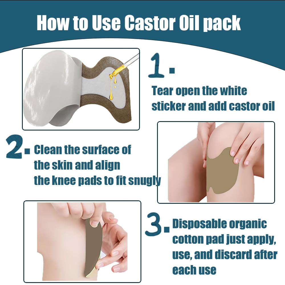 30 Pcs Castor Oil Knee Patches – Self-Adhesive, Disposable Organic Cotton (5.2x3.7in)