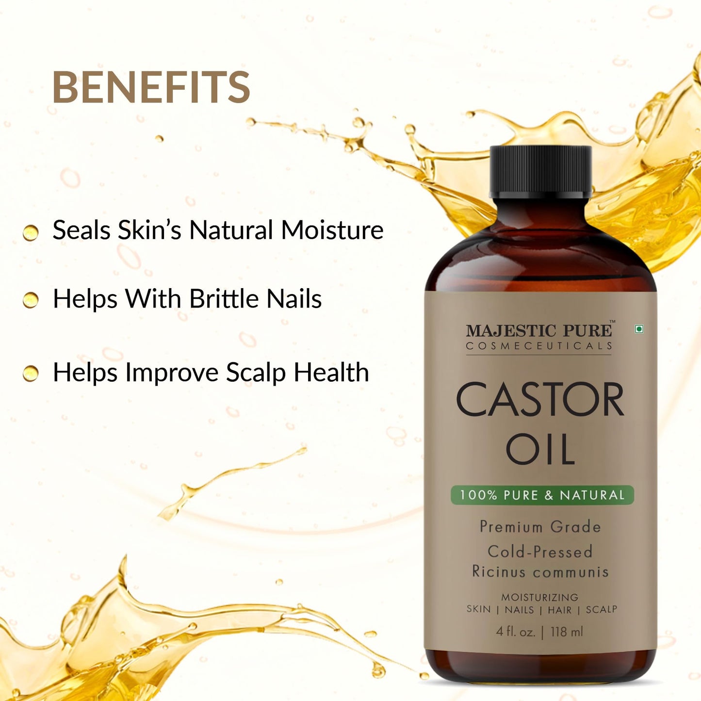 Majestic Pure USDA Organic Castor Oil - 4 Fl Oz | 100% Pure & Natural, Cold-Pressed, Hexane Free