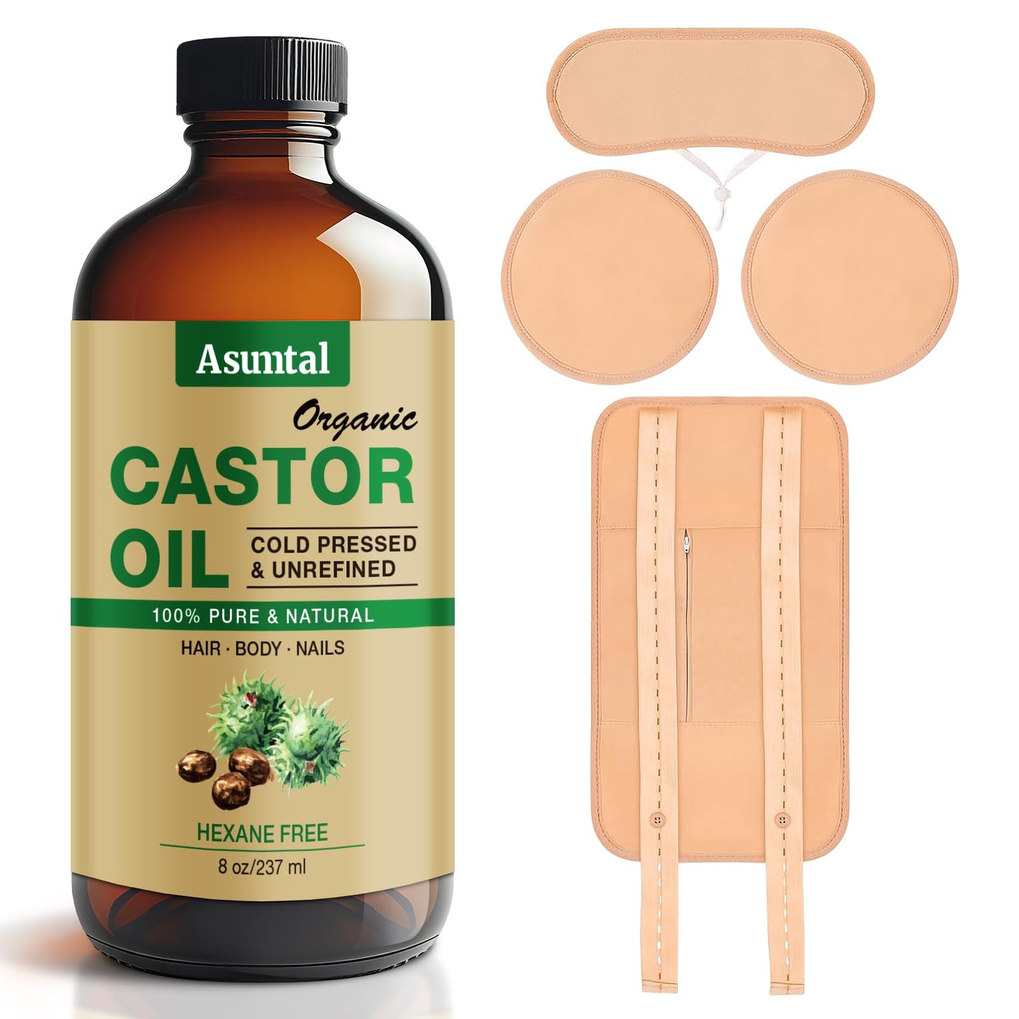 Castor Oil Organic Cold Pressed – 8oz Glass Bottle | 4 Pack Wrap | Organic Cotton