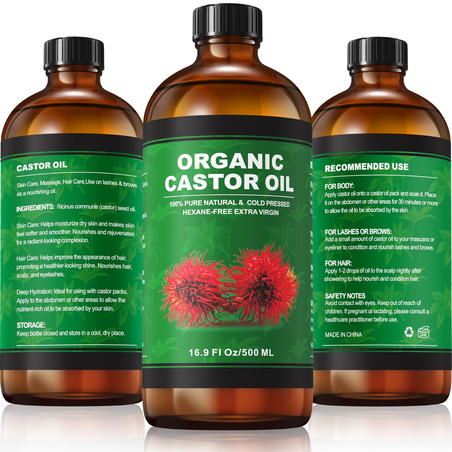 Taoscare Organic Castor Oil 16.9 oz – Cold Pressed, Unrefined in Glass Bottle | 4-Pack Castor Oil Pack Wrap Kit