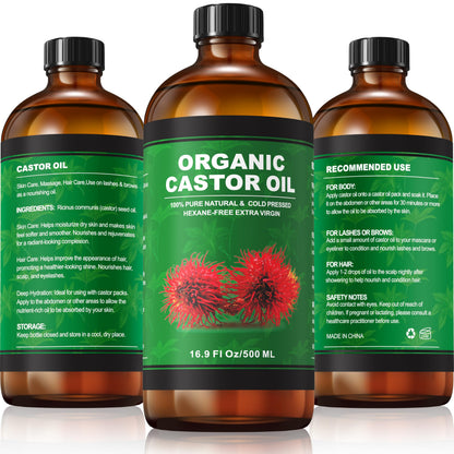 Taoscare Organic Castor Oil 16.9 oz – Cold Pressed, Unrefined in Glass Bottle | 4-Pack Castor Oil Pack Wrap Kit