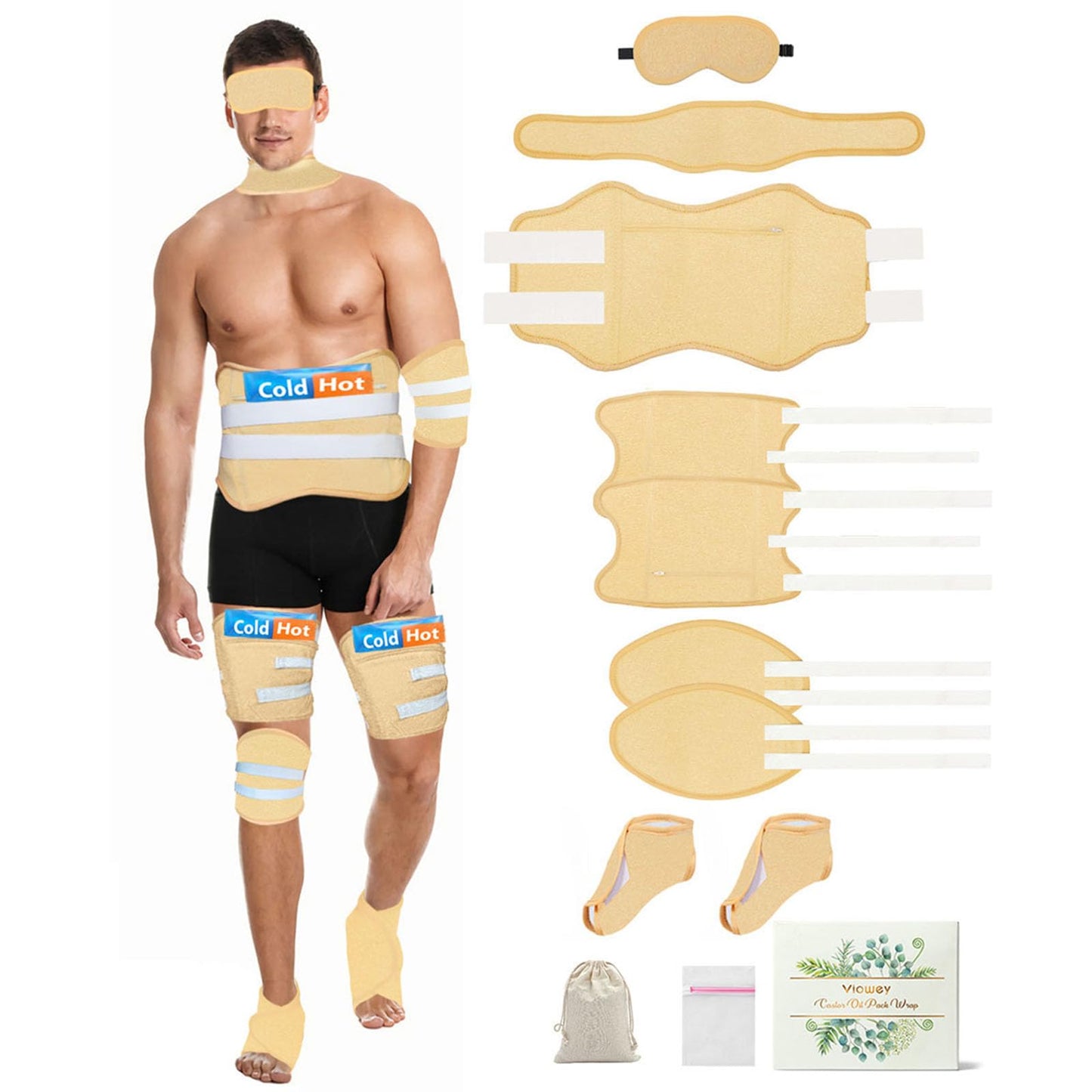 11 PCS Castor Oil Pack Wrap for Men - Adjustable, Reusable Full-Body Castor Oil Wraps (Eyes to Feet)
