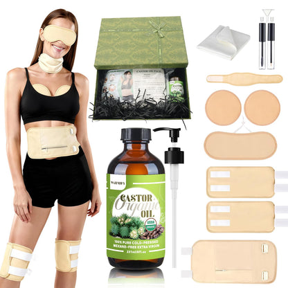 Castor Oil Pack Wrap Full-Body Set – Organic 8 oz Castor Oil, Reusable Cotton Wraps, Leak-Proof & Adjustable