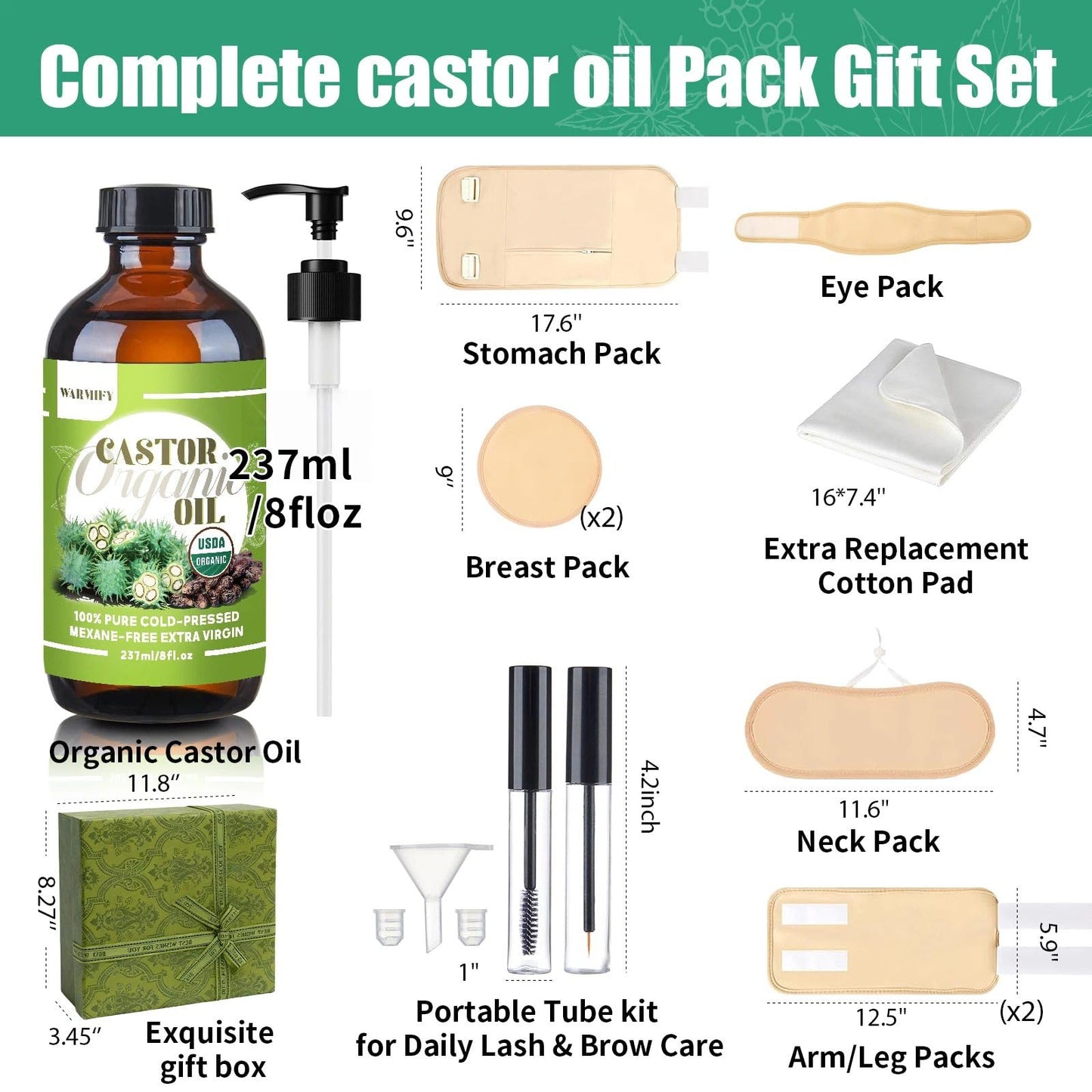 Castor Oil Pack Wrap Full-Body Set – Organic 8 oz Castor Oil, Reusable Cotton Wraps, Leak-Proof & Adjustable