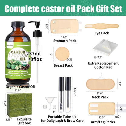 Castor Oil Pack Wrap Full-Body Set – Organic 8 oz Castor Oil, Reusable Cotton Wraps, Leak-Proof & Adjustable