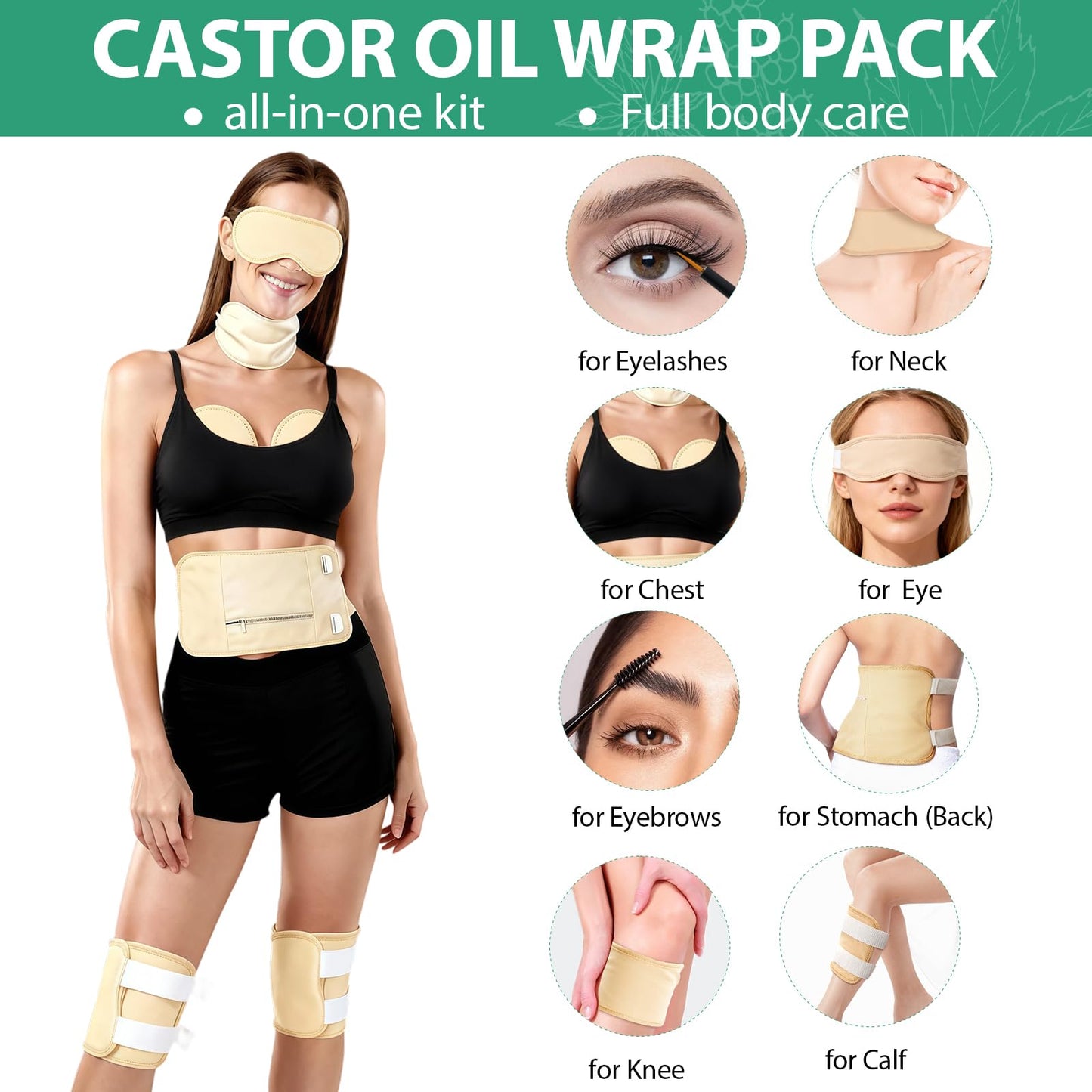 Castor Oil Pack Wrap Full-Body Set – Organic 8 oz Castor Oil, Reusable Cotton Wraps, Leak-Proof & Adjustable
