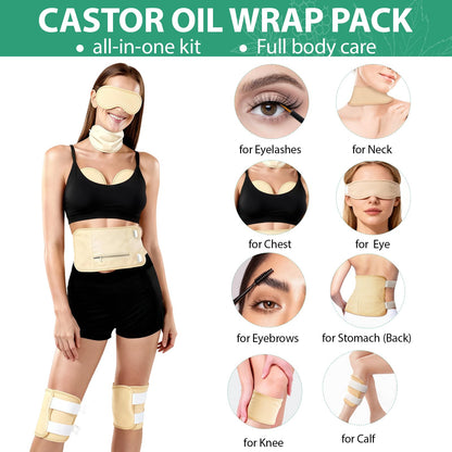 Castor Oil Pack Wrap Full-Body Set – Organic 8 oz Castor Oil, Reusable Cotton Wraps, Leak-Proof & Adjustable
