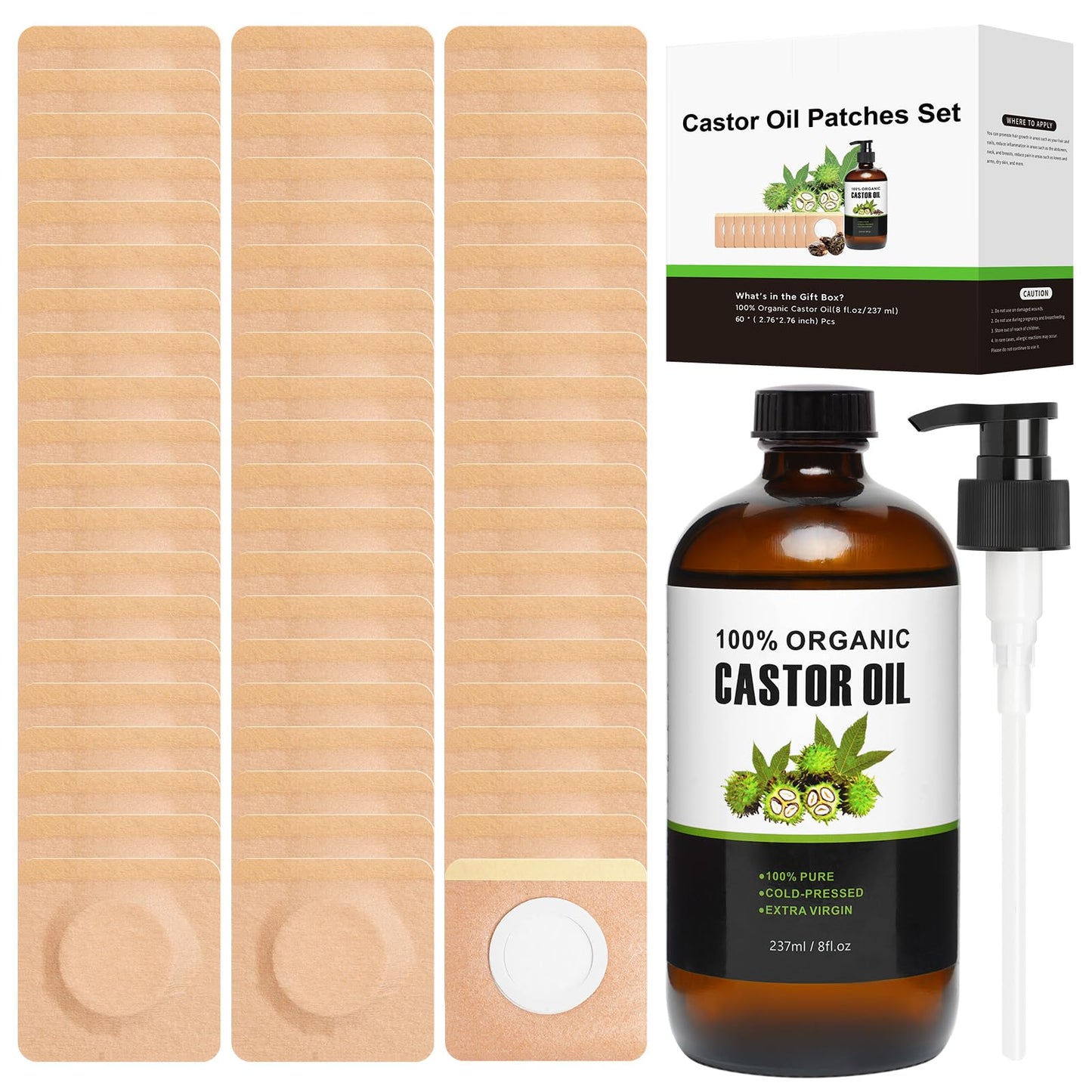 60 Pcs Castor Oil Pack Kit – Self-Adhesive Patches + 8oz Organic Castor Oil