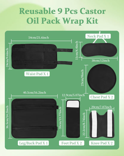 Organic Castor Oil Pack Kit – 9 Pcs Reusable Wraps (Adjustable)