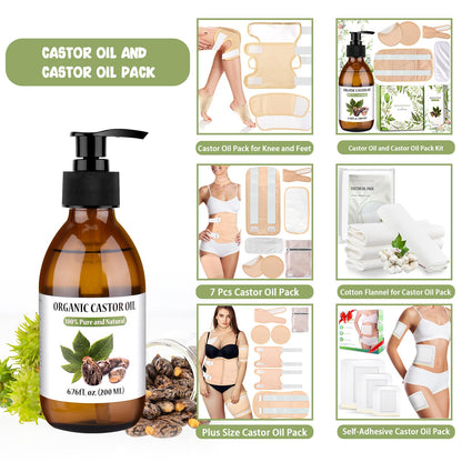 7 Pcs Castor Oil Pack Wrap Kit – Organic Cotton, Flannel, Adjustable Straps