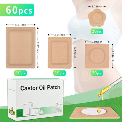 60 Pcs Castor Oil Pack Patches – 4 Sizes, Disposable Self-Adhesive Breathable Organic Cotton Pads