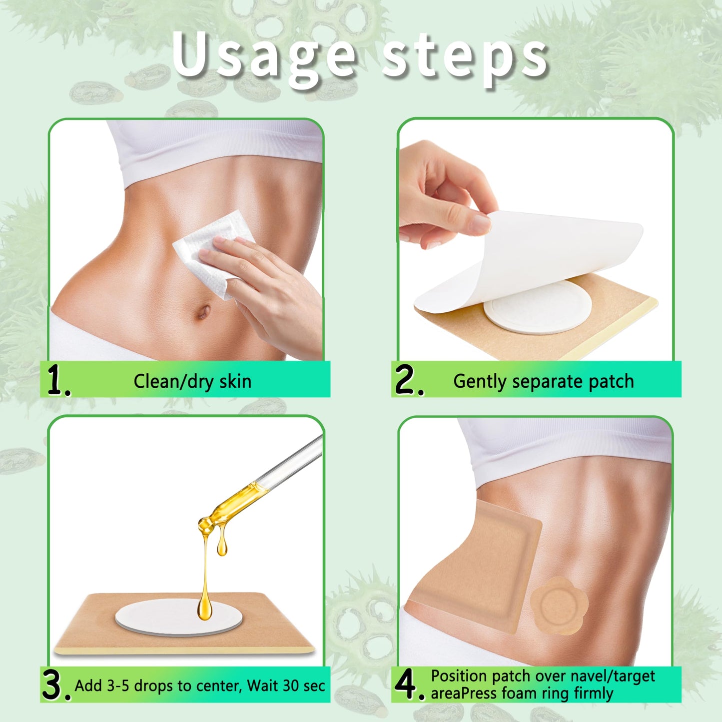 60 Pcs Castor Oil Pack Patches – 4 Sizes, Disposable Self-Adhesive Breathable Organic Cotton Pads