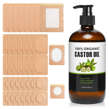 Castor Oil Pack Set - 38 Patches, 16oz Organic Cold-Pressed Castor Oil