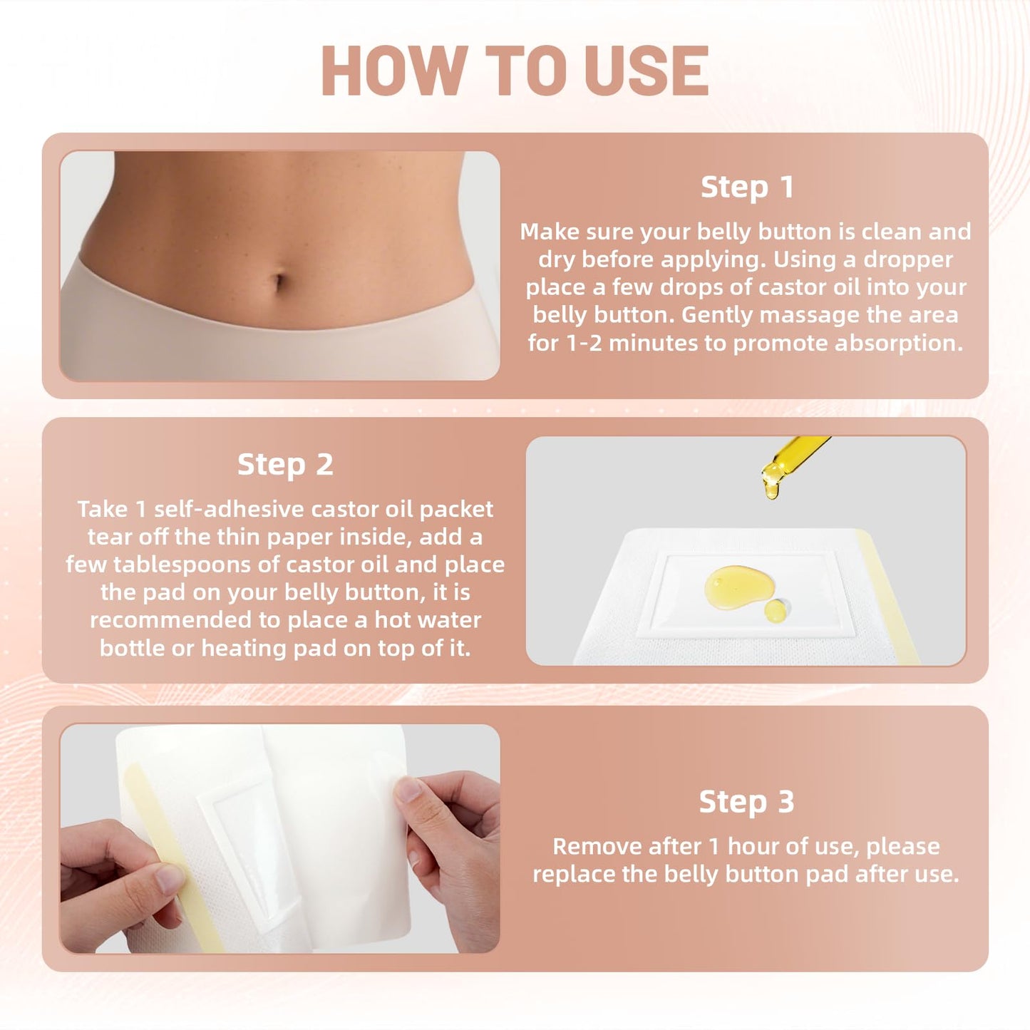 30Pcs Castor Oil Pack Wrap - Organic Cotton Belly Button Patch | Disposable Anti-Leak Pads (5.1 x 3.9 in) White & Skin