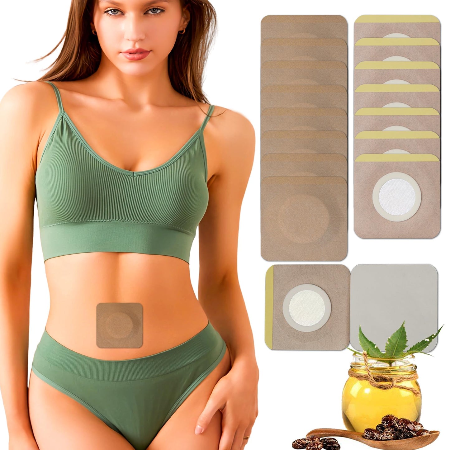 15 Pack 3.2\" Disposable Castor Oil Pack Wrap for Belly Button, Self-Adhesive Castor Oil Patches with Organic Cotton Pad, No Wash, No Irritation, and Anti-Leakage Men Women Day and Night Use