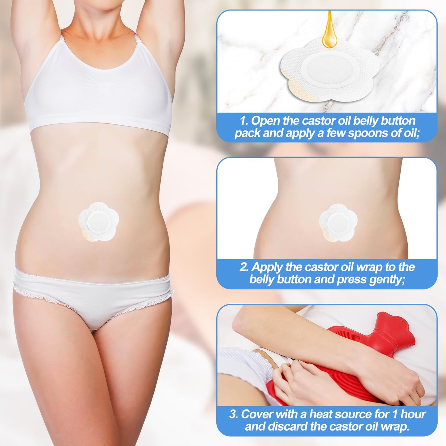 30pcs Castor Oil Pack Wrap for Belly Button – Self-Adhesive Patches, Spunlace Cloth