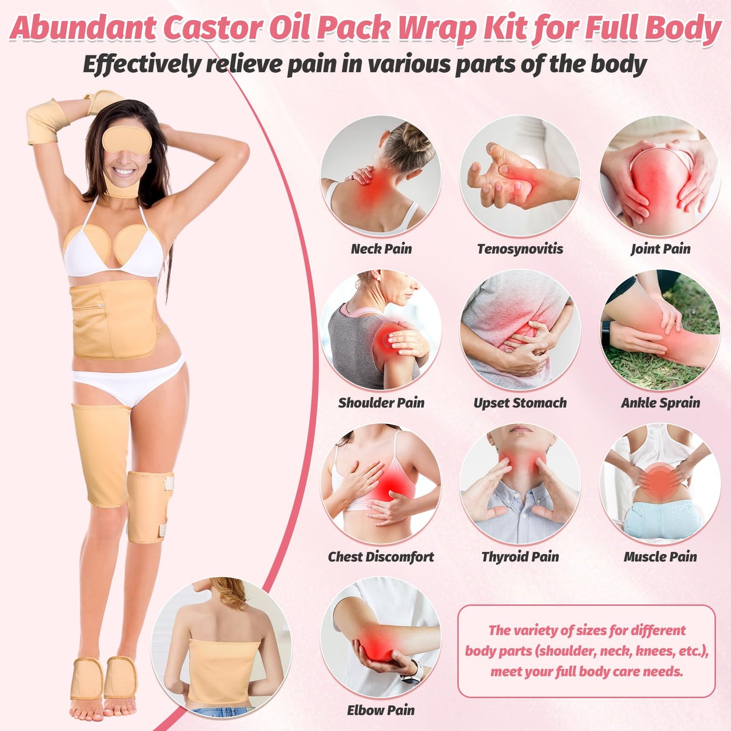 18 Pcs Castor Oil Pack Wrap – Reusable Full-Body Castor Oil Compress Kit with Extension Belts