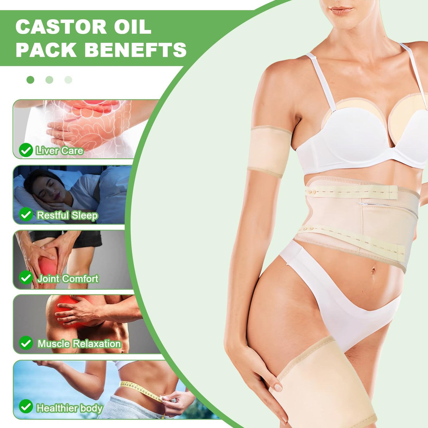 Castor Oil Pack Wraps - 8 Pcs Reusable, Adjustable Straps, Anti-Leak, Machine Washable