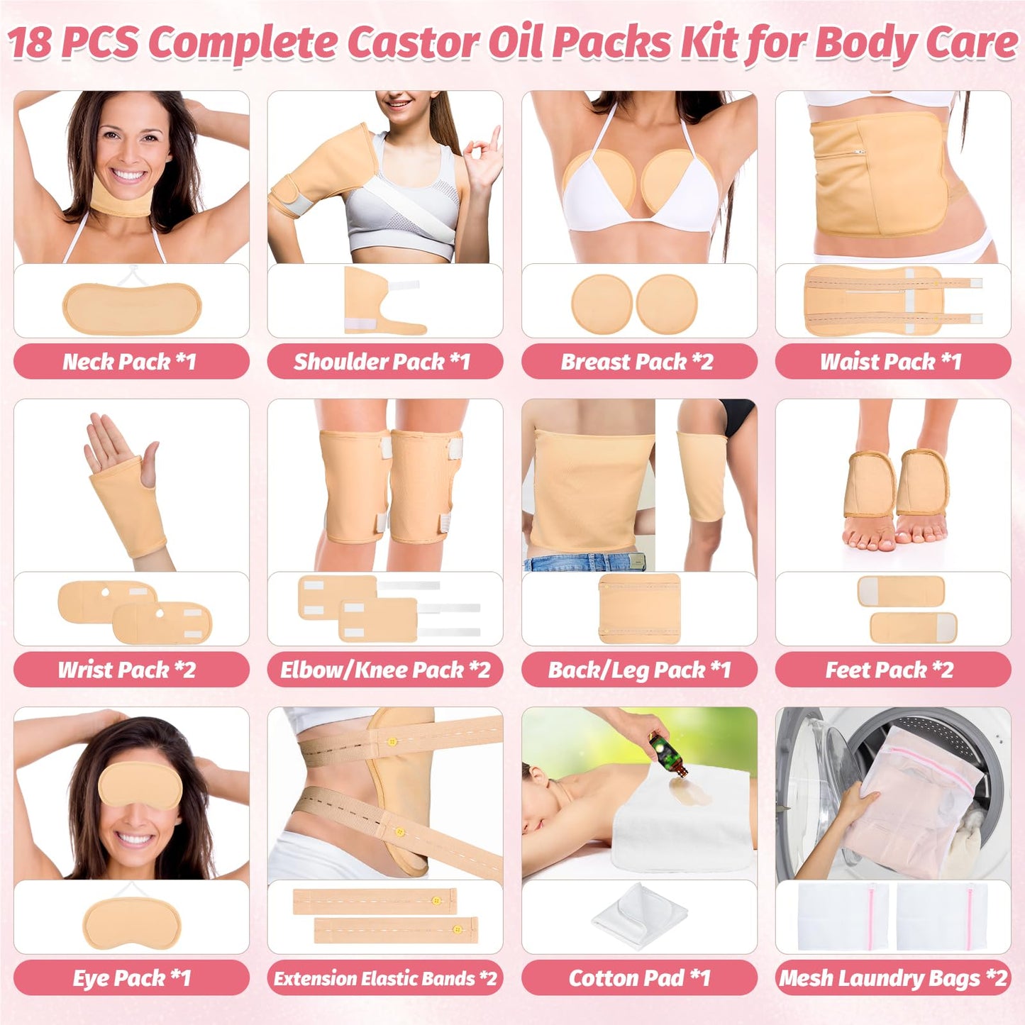 18 Pcs Castor Oil Pack Wrap – Reusable Full-Body Castor Oil Compress Kit with Extension Belts