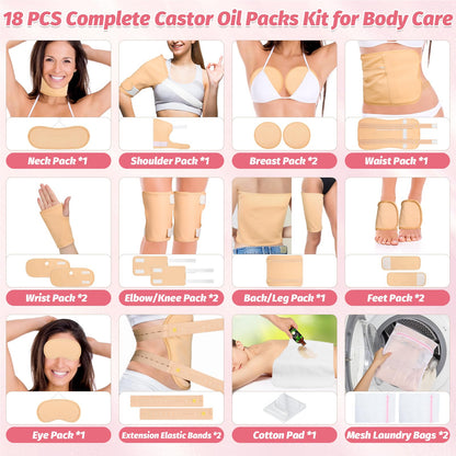 18 Pcs Castor Oil Pack Wrap – Reusable Full-Body Castor Oil Compress Kit with Extension Belts