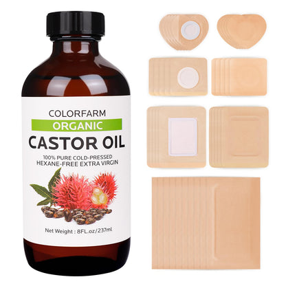 40 Pcs Castor Oil Pack Wrap – Organic Cold-Pressed Castor Oil, 8oz + Patches