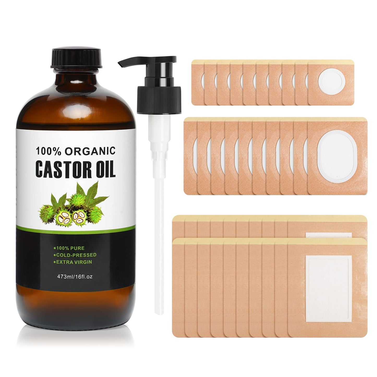 40Pcs Castor Oil Pack Wrap – Organic Cotton Patches, 16oz Amber Glass Bottle