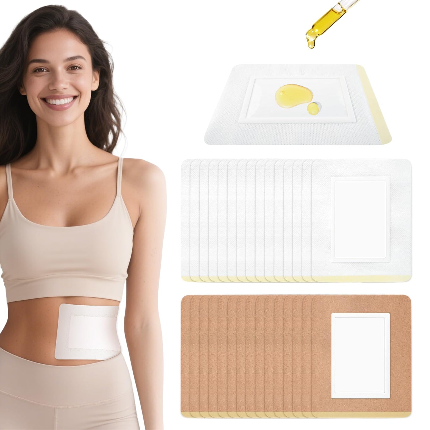 30Pcs Castor Oil Pack Wrap - Organic Cotton Belly Button Patch | Disposable Anti-Leak Pads (5.1 x 3.9 in) White & Skin