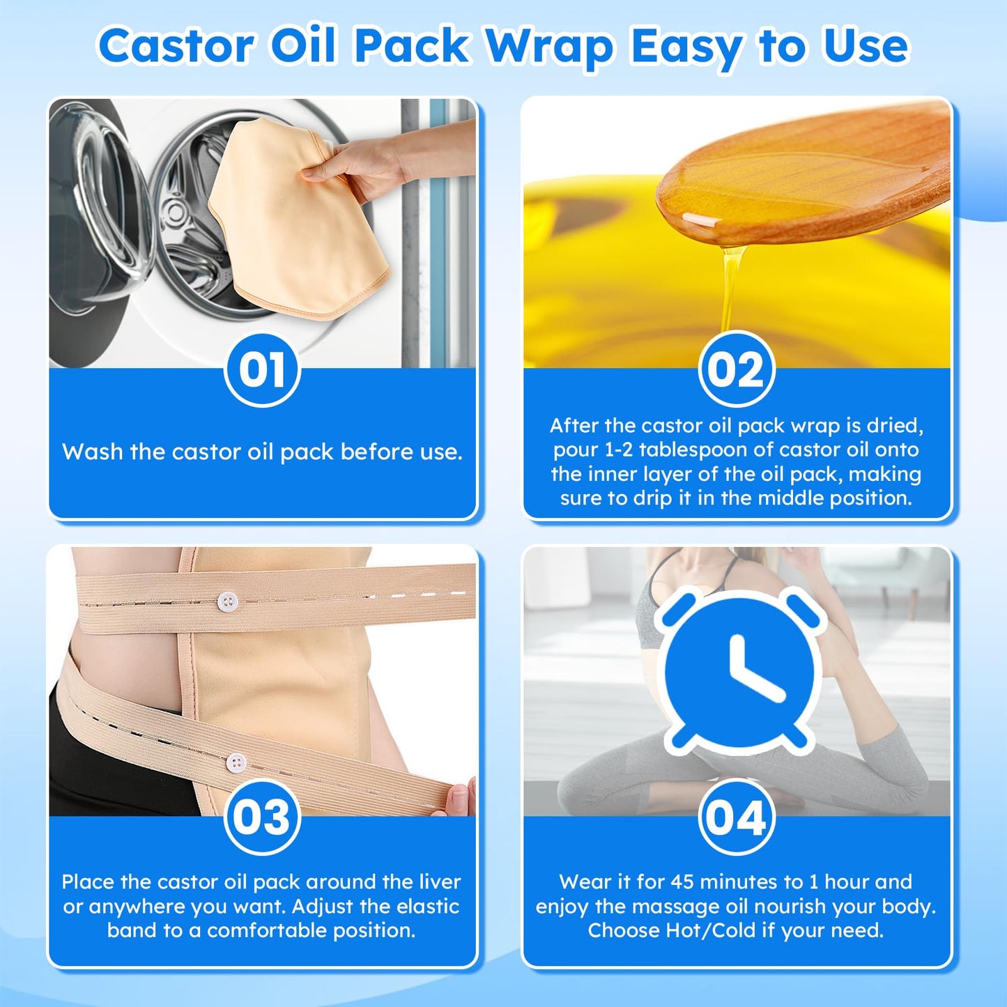 Castor Oil Pack Wrap Kit – 10 Pcs Reusable Organic Castor Oil Packs with Adjustable Straps