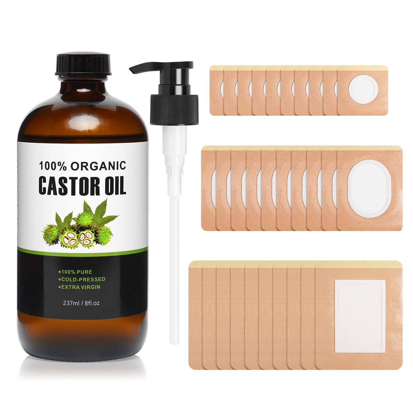 30Pcs Castor Oil Pack Wrap - Organic Cotton Patches & 8 oz Glass Bottle