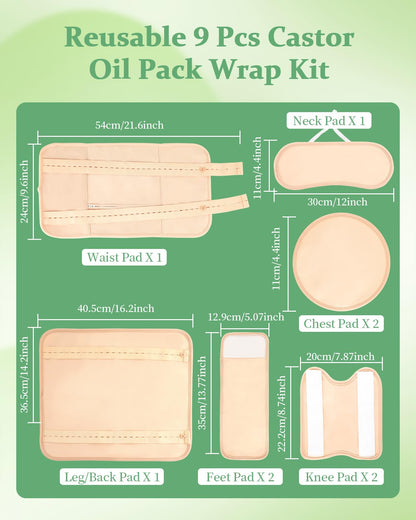 Castor Oil Pack Wrap Kit - 9 Pcs, Reusable & Adjustable