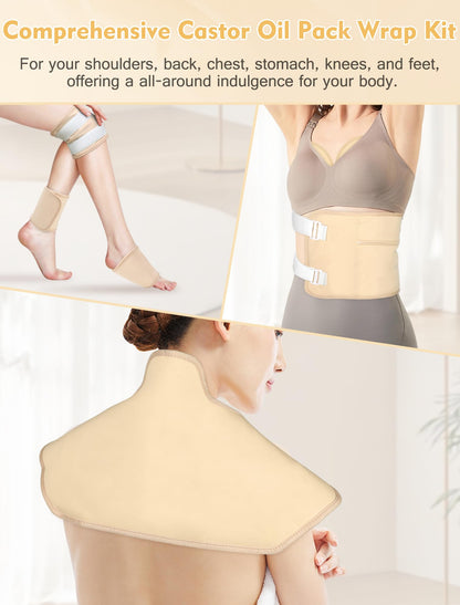 Castor Oil Pack Wrap Kit - 9pcs Reusable Organic Cotton, Adjustable Leak-Proof Wraps for Shoulders, Neck, Back & More