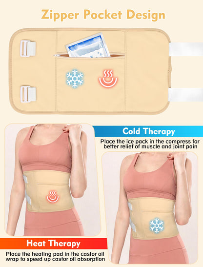 Castor Oil Pack Wrap Kit - 9pcs Reusable Organic Cotton, Adjustable Leak-Proof Wraps for Shoulders, Neck, Back & More