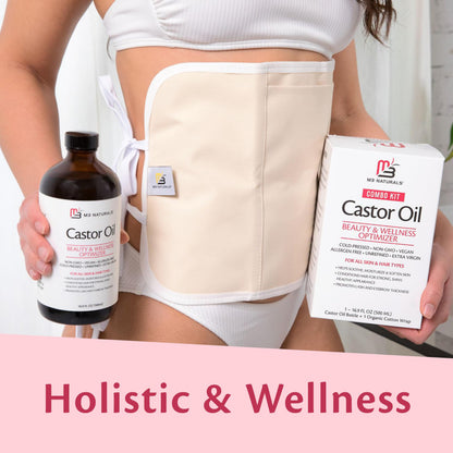 Pure Castor Oil Pack Kit, Large – Hexane-Free Cold-Pressed Castor Oil in Glass Bottle with Adjustable Reusable Organic Cotton Wrap | M3 Naturals
