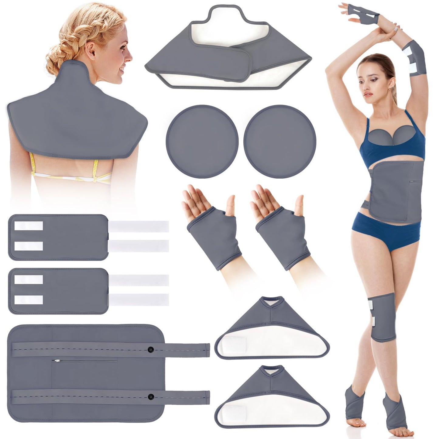 Castor Oil Pack Wrap Kit - 10 Pcs, Adjustable Straps, Reusable Organic Cotton (Gray)