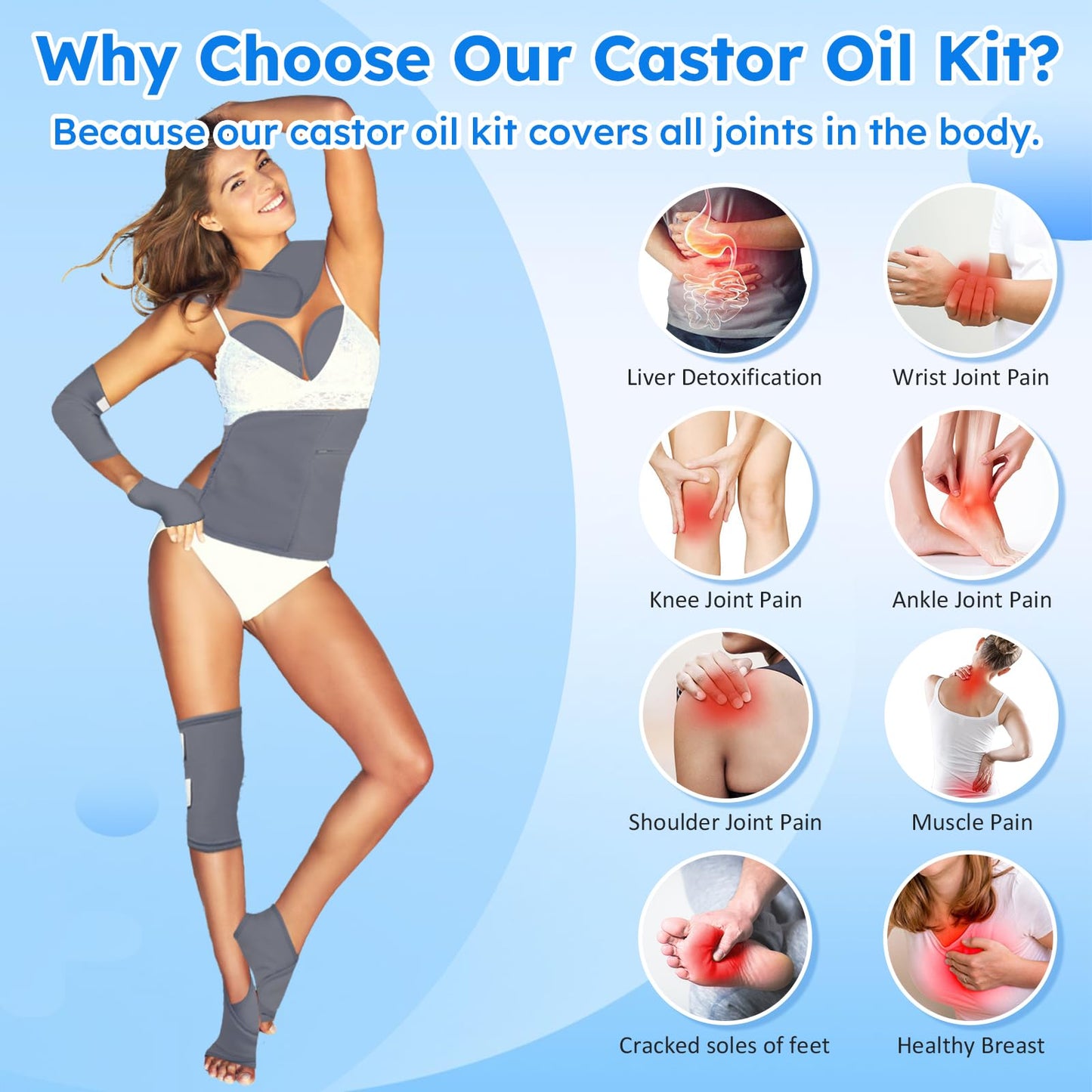 Castor Oil Pack Wrap Kit - 10 Pcs, Adjustable Straps, Reusable Organic Cotton (Gray)