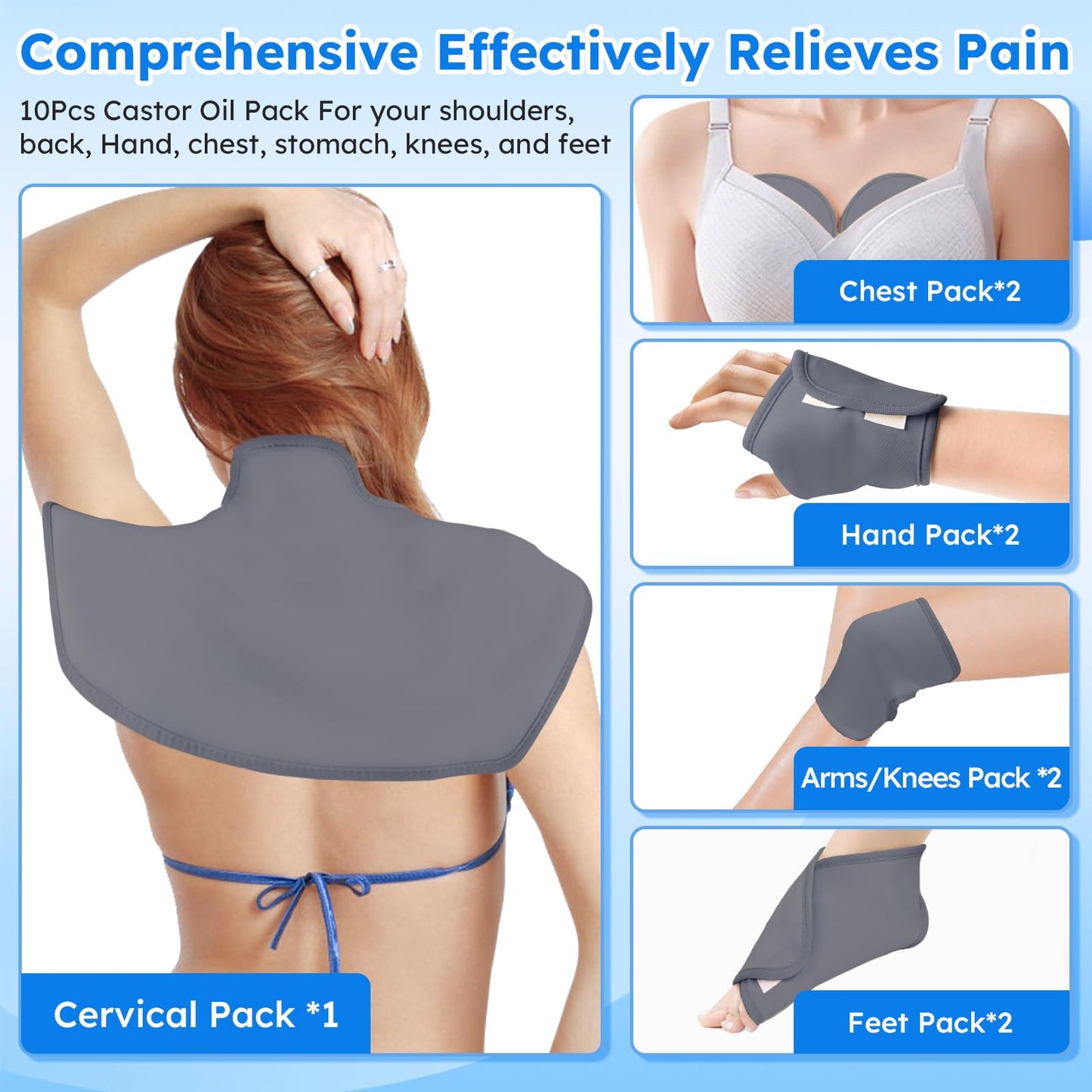 Castor Oil Pack Wrap Kit - 10 Pcs, Adjustable Straps, Reusable Organic Cotton (Gray)