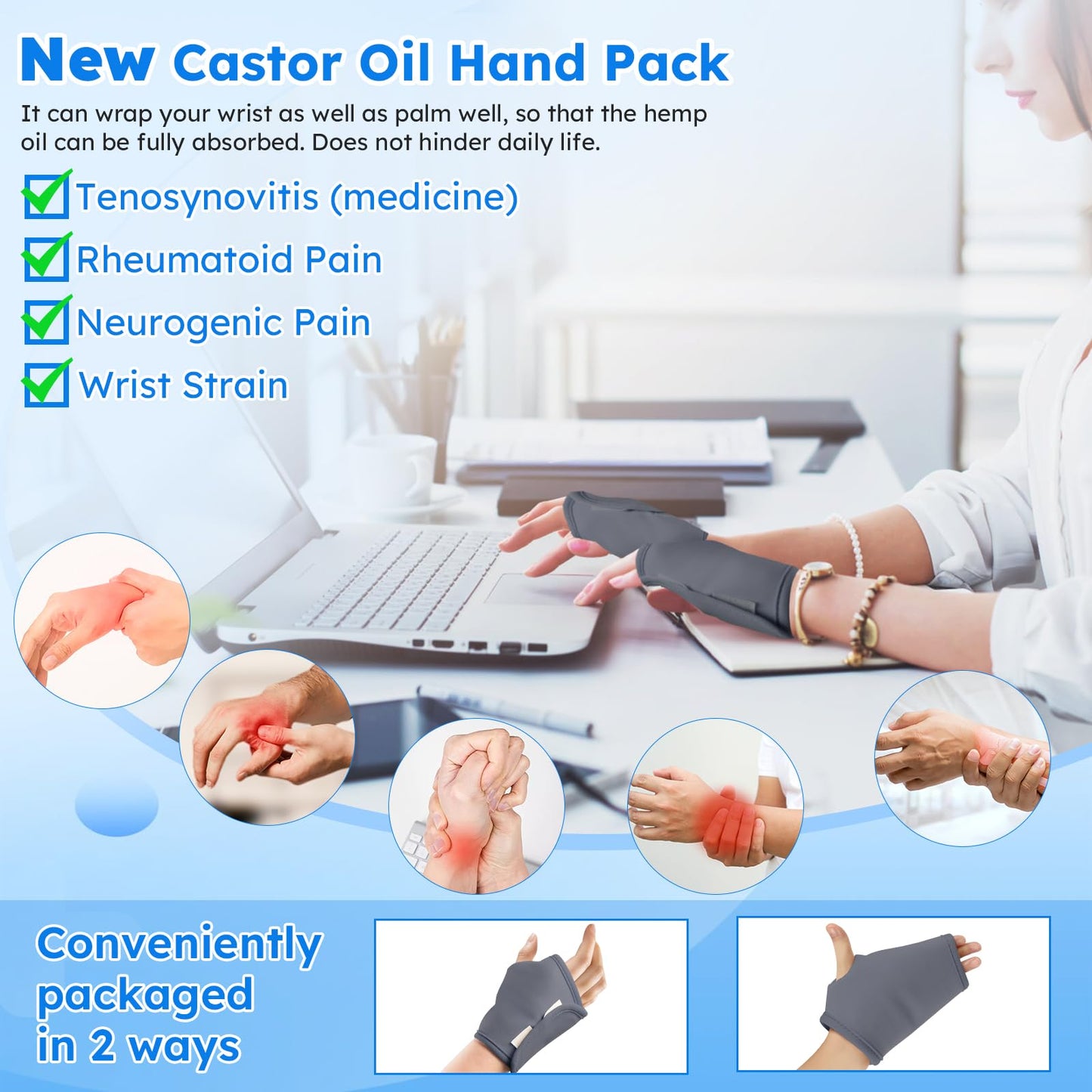 Castor Oil Pack Wrap Kit - 10 Pcs, Adjustable Straps, Reusable Organic Cotton (Gray)