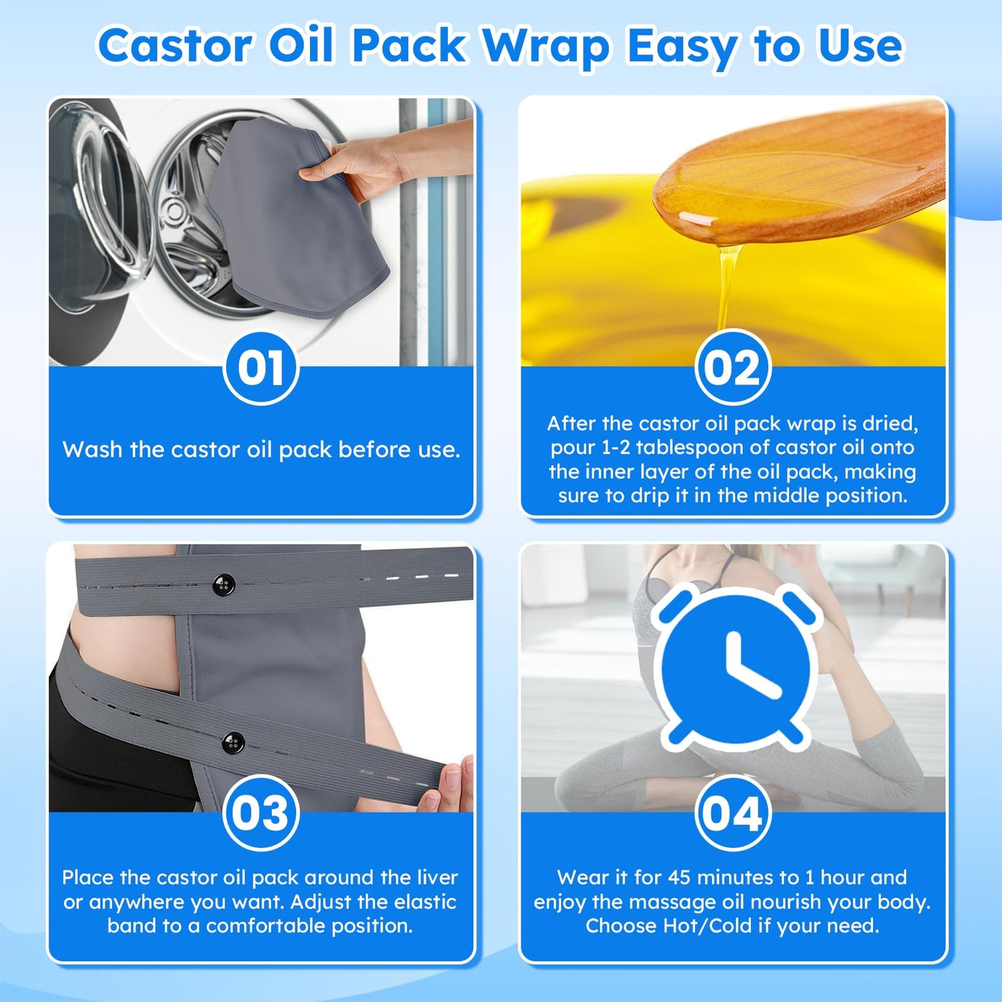 Castor Oil Pack Wrap Kit - 10 Pcs, Adjustable Straps, Reusable Organic Cotton (Gray)