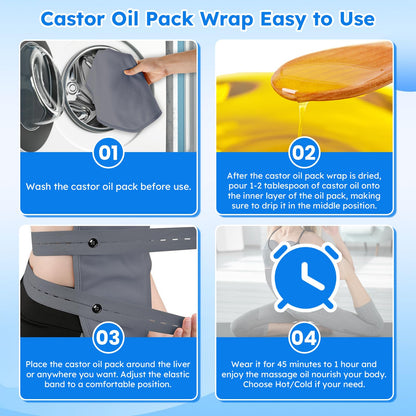 Castor Oil Pack Wrap Kit - 10 Pcs, Adjustable Straps, Reusable Organic Cotton (Gray)