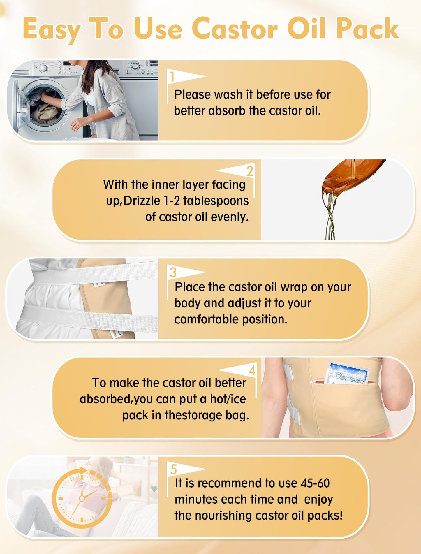 Castor Oil Pack Wrap Kit - 9pcs Reusable Organic Cotton, Adjustable Leak-Proof Wraps for Shoulders, Neck, Back & More