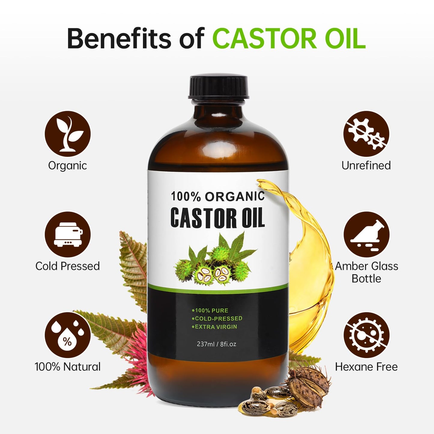 40 Pcs Castor Oil Pack Wrap – Self-Adhesive Patches + 8oz Organic Oil (237ml)