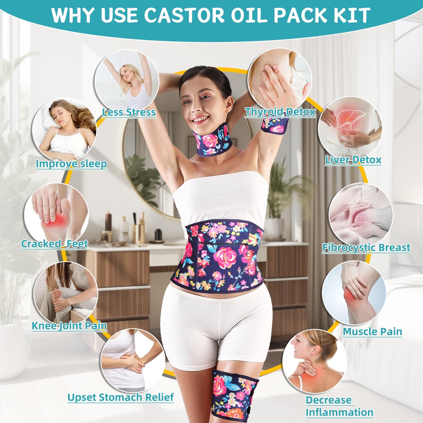Castor Oil Pack Wrap - Organic Cotton, 9 Pcs, Adjustable & Reusable