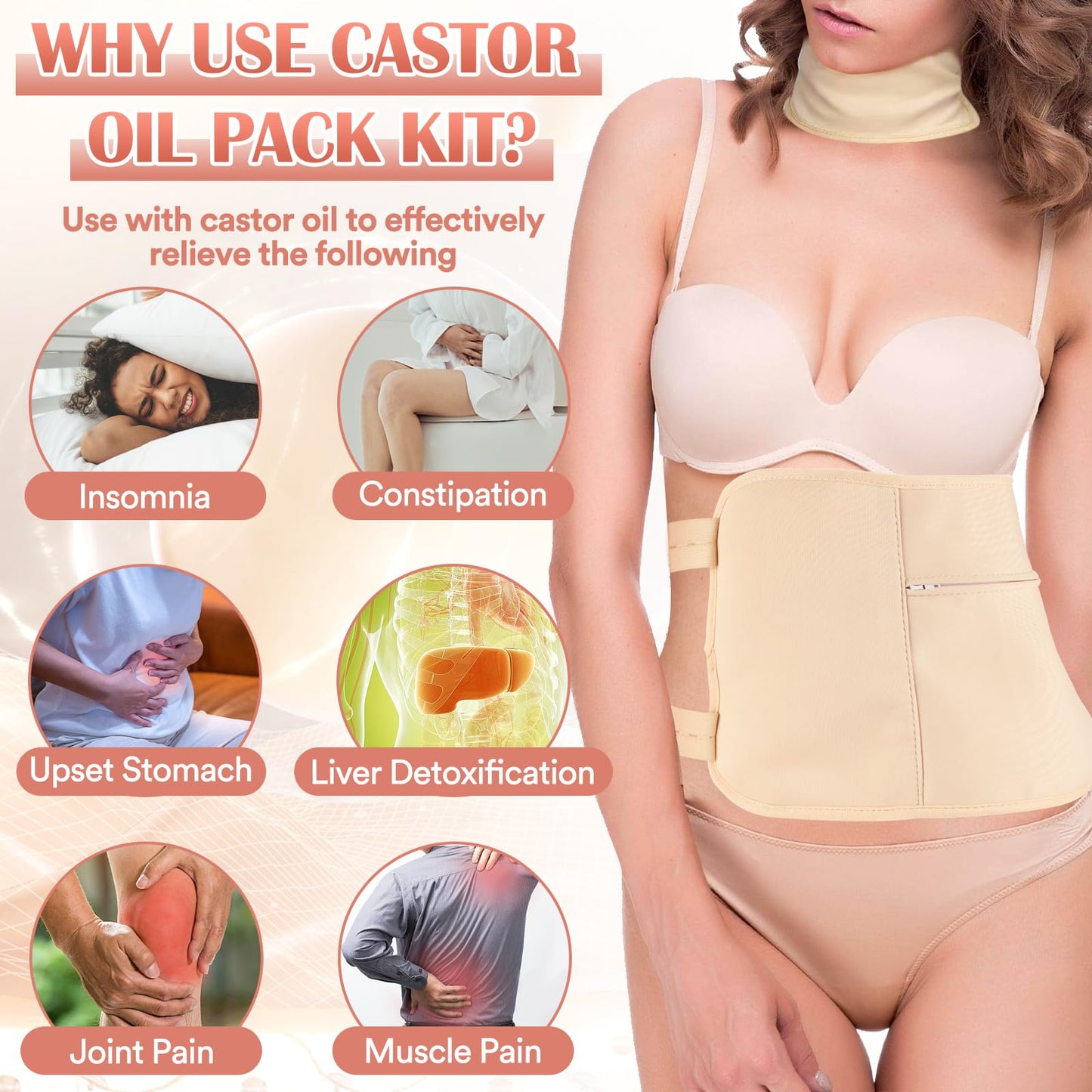 Castor Oil Pack Wrap - 8 Pcs, Reusable Organic Cotton with Adjustable Straps (Khaki)